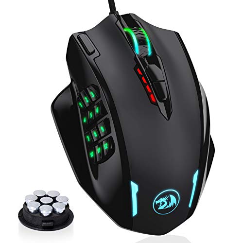 Redragon M908 Impact RGB - Mouse con cable para juegos MMO con botones laterales - Sensor óptico con 12,400 DPI, Ratón para Windows de alta precisión, 19 botones programables