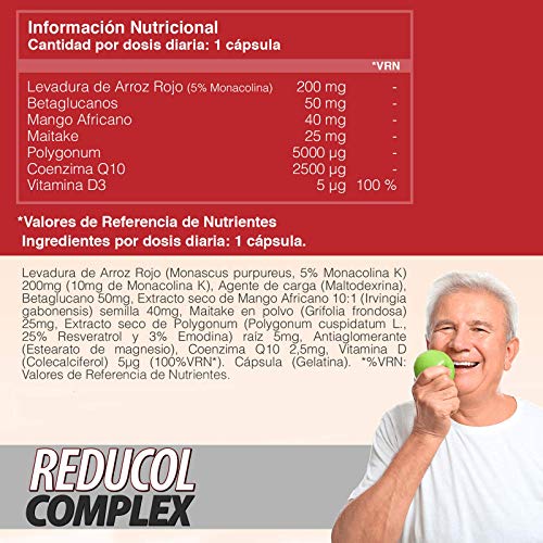 Reductor del Colesterol | Reduce y Mantiene en niveles sanos tu Colesterol | Levadura de Arroz rojo + Coenzima Q10 + Resveratrol + Mango Africano + Vitamina D | Fórmula Natural 100% eficaz | 60 Caps.