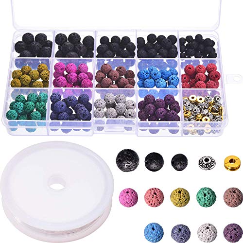 REFURBISHHOUSE 400 Piezas Surtidas Colores Perlas Volcánicas De Piedra De Roca De Lava Perlas Espaciadoras con Caja De Almacenamiento Y 1 Rollo De Cadena Elástica Cristal para Pulsera Collar DIY