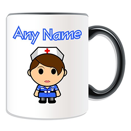 Regalo personalizado – Enfermera en vestido azul real taza de pelo marrón (tema de diseño de carrera, opciones de color) – Cualquier nombre/mensaje en su único – NHS Hospital Worker Staff Uniforme Red Cross Hat General Practice GP Ocupation