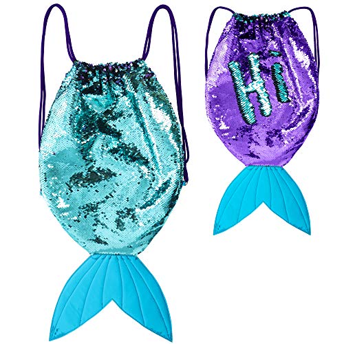 Regalos para Niñas -Mochila Infantil para Niñas Cola de Sirena de GirlZone, Bolsa con Lentejuelas Reversibles, Cierre de Cordones, Forro de Algodón y Bolsillo Interior