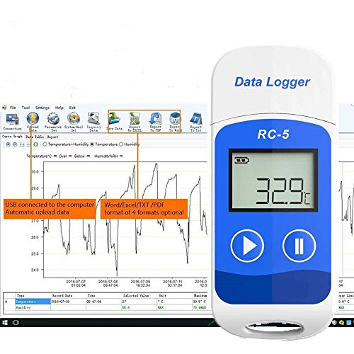 Registrador de Datos de Temperatura USB RC-5 32000 Puntos Software para Mac/Window Export PDF/Excel Informe para Frío Cadena Almacenes Nevera Invernadero (1PCS)