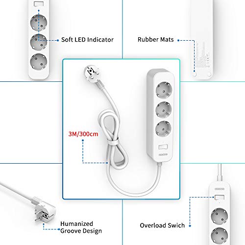 Regleta Enchufes de Montaje en Pared con 3 Metros de Cable y Protección contra Sobretensiones, NTONPOWER 3 Tomas, Cable Largo, Enchufe Múltiple con Interruptor e Indicador, Enchufe Europeo