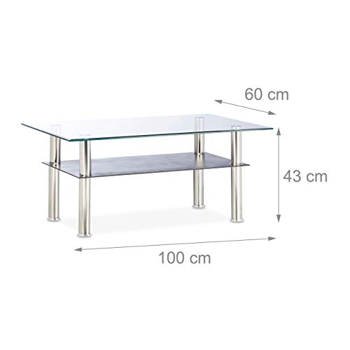 Relaxdays, 100 x 60 x 43 cm Mesa Centro Cristal Baja de 2 Niveles, Vidrio y Acero Inoxidable, Transparente