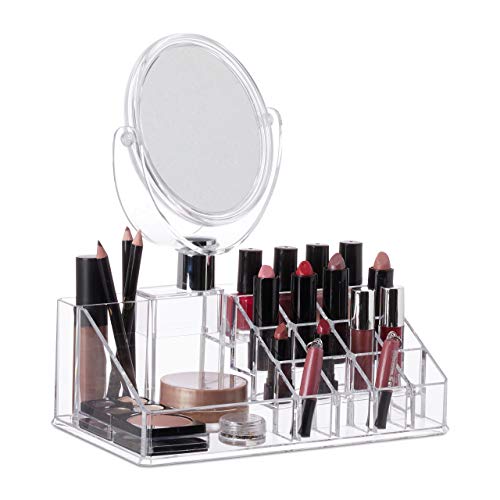 Relaxdays, 24,5x22,5x13 cm Organizador de Maquillaje con Espejo y 16 Compartimentos, Acrílico, Transparente