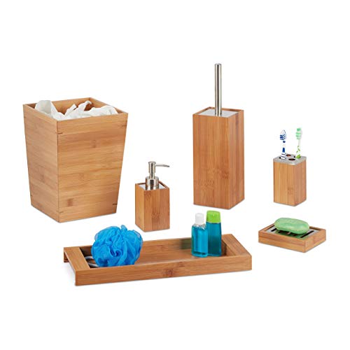 Relaxdays Accesorios de baño, Dispensador de jabón, Jabonera, Vaso para cepillos, Portaescobillas, 6 Uds, Marrón, bambú, Acero Inoxidable, Natural, 1 Set