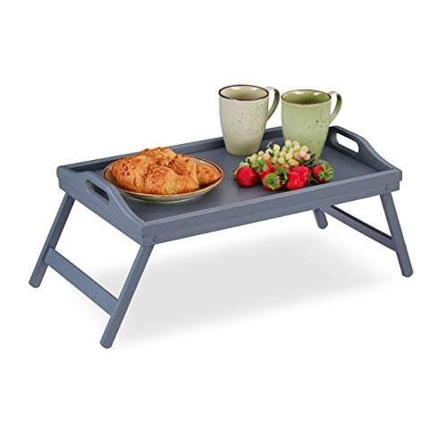 Relaxdays Bandeja Cama con Patas Plegables y Asas, Borde Elevado, Bambú, 23 x 60,5 x 30 cm, Gris