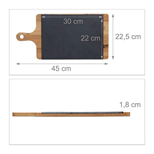 Relaxdays Bandeja Rectangular y Tabla de Cortar 2 en 1 con Placa de Pizarra y Mango, Bambú, Gris y marrón, 1.8 x 45 x 22.5 cm