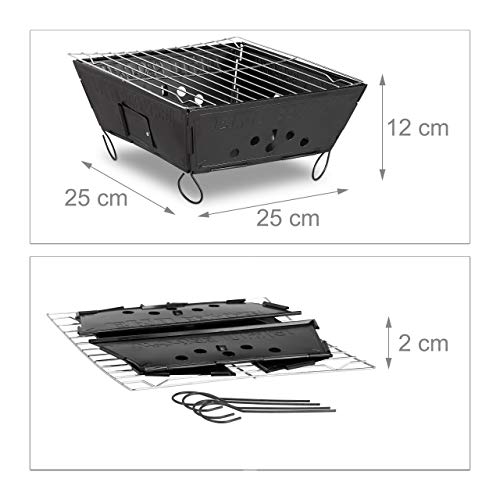 Relaxdays Barbacoa Portátil y Plegable, Acero, Negro, 12 x 25 x 25 cm