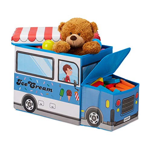 Relaxdays Baúl para Juguetes, Taburete Infantil Plegable, Caja con Compartimento, Unisex, Carrito de Helados, Azul