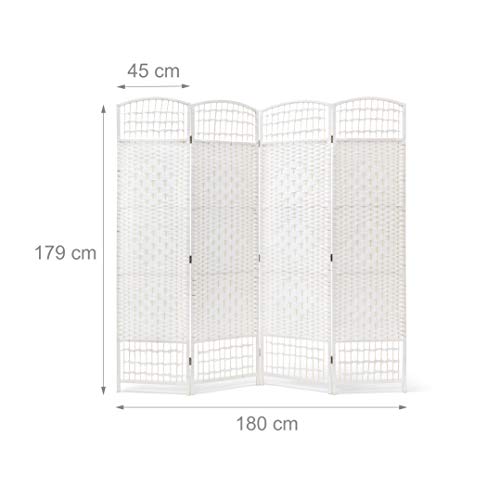 Relaxdays - Biombo Plegable de 4 Paneles de bambú, Separa y Protege de la luz, 179 x 180 x 2 cm (Alto x Largo x Ancho), Color Blanco