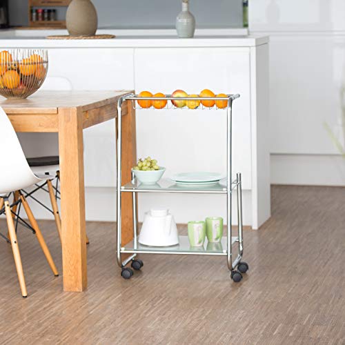 Relaxdays Camarera Estrecha, Carrito Cocina con 2 Baldas, Hierro Cromado y Vidrio, 77 x 47 x 32,5 cm, Plateado