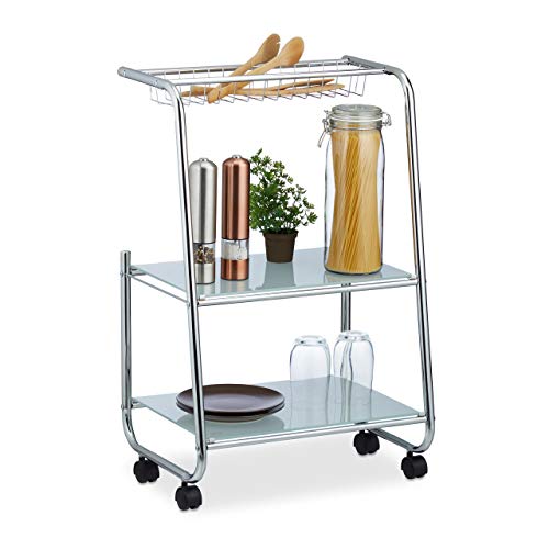 Relaxdays Camarera Estrecha, Carrito Cocina con 2 Baldas, Hierro Cromado y Vidrio, 77 x 47 x 32,5 cm, Plateado