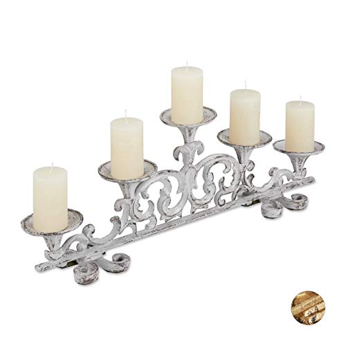 Relaxdays Candelabro Antiguo 5 Brazos, Soporte Velas Vintage, Portavelas, 1 ud, 20x59x9,5 cm, Hierro Fundido, Blanco