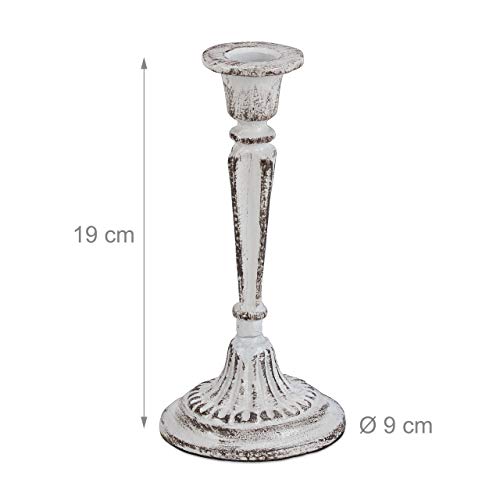 Relaxdays Candelabro Vintage para Velas Largas, Estilo Shabby Chic, Portavelas Hierro Fundido, 1 Ud, 19 x 9 cm, Blanco