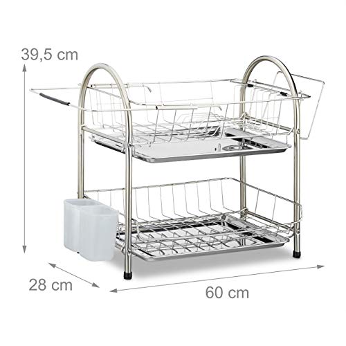 Relaxdays Escurreplatos de 2 Pisos con Escurridor Cubiertos y Bandejas, Acero Inoxidable, 39,5 x 60 x 28 cm, Plateado