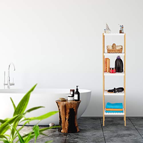 Relaxdays - Estantería de baño de bambú, 5 estantes, Estrecha, para baño y Cocina, 140,5 x 34 x 33 cm, Color Blanco y Natural