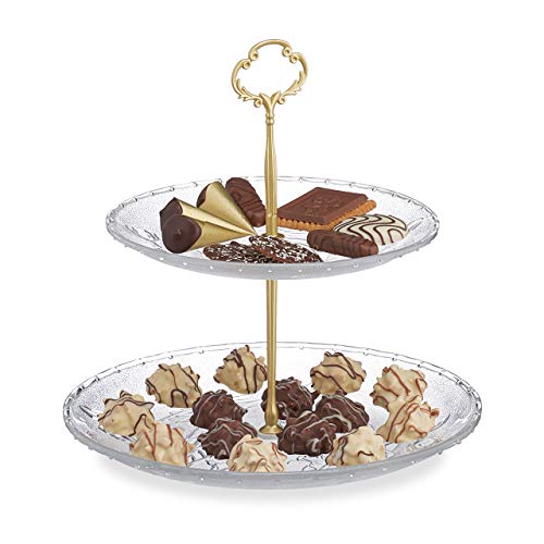 Relaxdays Etagere Soporte para Tartas (2 Pisos, Forma Redonda, Cristal y Metal, 26 x 25 cm), Color Dorado y Transparente, 1 Unidad