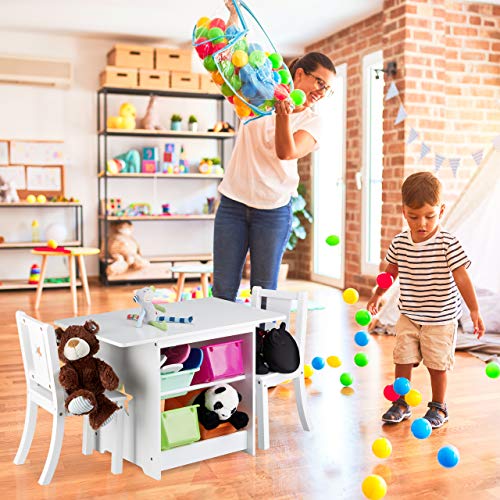 Relaxdays Mobiliario Infantil Albus con Espacio de almacenaje, Una Mesa & Dos sillas, Diseño Unisex, Blanco, Madera, plástico, Bianco, 56 x 75 x 46 cm
