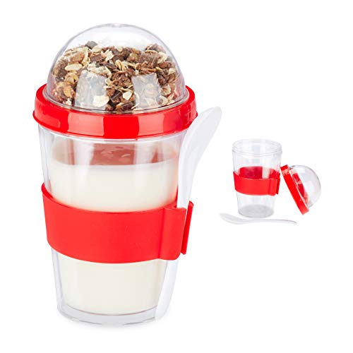 Relaxdays Pack de 2 Porta Yogur y Cereales, Vaso Portayogurt Cuchara para Llevar, Poliestireno, 400 ml, 16 x 8 cm, Rojo