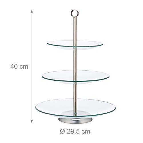 Relaxdays Soporte para Tartas, Cupcakes y Fruta de 3 Pisos, Cristal-Acero, Plateado-Transparente, 40 x 29,5 cm