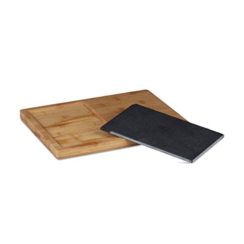 Relaxdays Tabla Cortar Cocina, Plato Pizarra, Asa, Bandeja Rectangular Rústica, Bambú, 1 Ud, 2 x 30,6 x 25 cm, Marrón