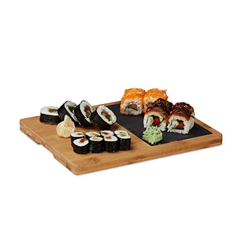 Relaxdays Tabla Cortar Cocina, Plato Pizarra, Asa, Bandeja Rectangular Rústica, Bambú, 1 Ud, 2 x 30,6 x 25 cm, Marrón