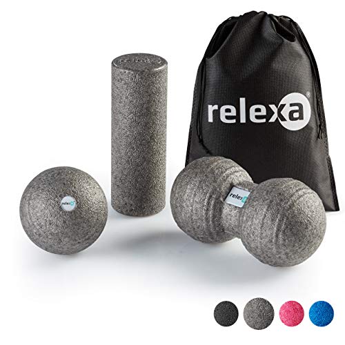 relexa® Fascia Set Mini, Kit de Entrenamiento Completo del Cuerpo de 3 Piezas, con Rodillo de Masaje, Bola Doble e Individual de Auto-Masaje, Contiene un eBook, (Gris)