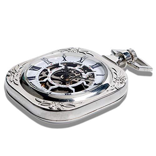 Reloj de bolsillo de viento de mano clásico con colgante cuadrado de tono plateado, relojes mecánicos de moda para hombres y mujeres, relojes fob de cara abierta