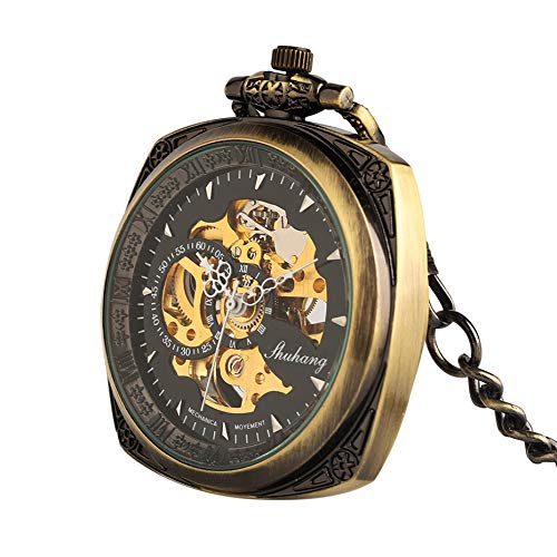 Reloj de bolsillo mecánico de cuerda manual con tapa abierta con forma cuadrada de bronce, relojes de hombre con esfera esquelética informal, cadena de reloj vintage