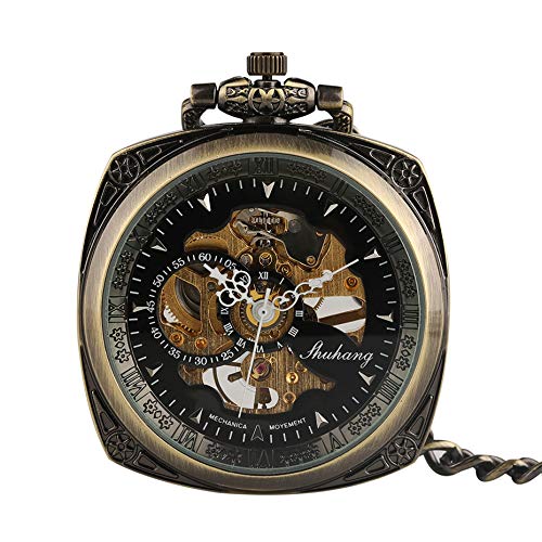 Reloj de bolsillo mecánico de cuerda manual con tapa abierta con forma cuadrada de bronce, relojes de hombre con esfera esquelética informal, cadena de reloj vintage