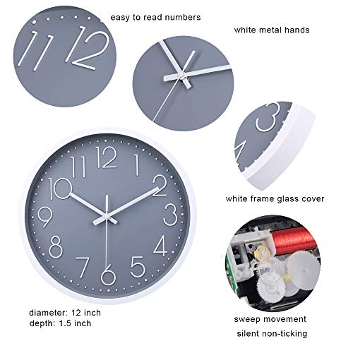 Reloj de Pared Moderno,Grandes Decorativos Silencioso Interior Reloj de Cuarzo de Cuarzo Redondo No-Ticking para Sala de Estar (Gris,12 Pulgadas, Ø: 30 cm)