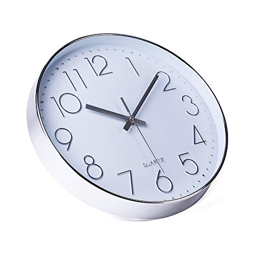Reloj de Pared Moderno,Grandes Decorativos Silencioso Interior Reloj de Cuarzo de Cuarzo Redondo No-Ticking para Sala de Estar,Plata, Ø: 30 cm