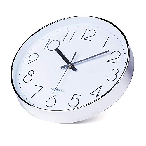 Reloj de Pared Moderno,Grandes Decorativos Silencioso Interior Reloj de Cuarzo de Cuarzo Redondo No-Ticking para Sala de Estar,Plata, Ø: 30 cm