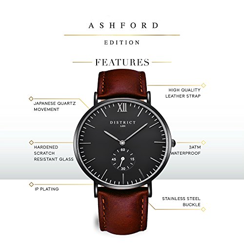 Reloj de pulsera analógico Ashford Edition de DISTRIC London, correa fina de piel marrón, mecanismo de cuarzo, diseño clásico y sencillo, caja negra resistente a los rasguños