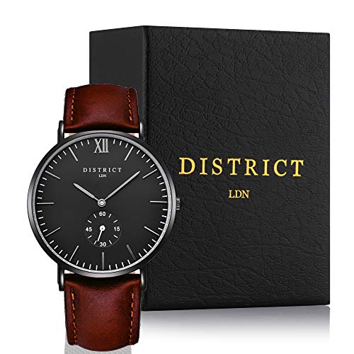 Reloj de pulsera analógico Ashford Edition de DISTRIC London, correa fina de piel marrón, mecanismo de cuarzo, diseño clásico y sencillo, caja negra resistente a los rasguños