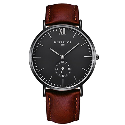 Reloj de pulsera analógico Ashford Edition de DISTRIC London, correa fina de piel marrón, mecanismo de cuarzo, diseño clásico y sencillo, caja negra resistente a los rasguños