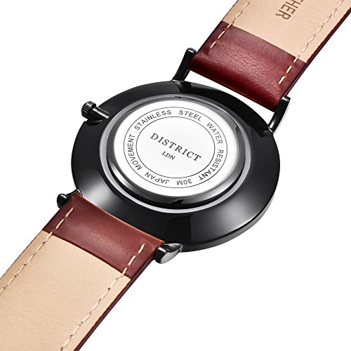 Reloj de pulsera analógico Ashford Edition de DISTRIC London, correa fina de piel marrón, mecanismo de cuarzo, diseño clásico y sencillo, caja negra resistente a los rasguños