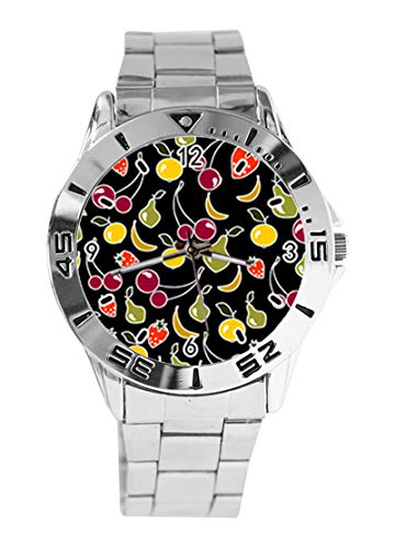 Reloj de Pulsera analógico con ilustración de Fondo de Fruta y Esfera Plateada de Cuarzo, Correa de Acero Inoxidable clásica, para Hombre y Mujer