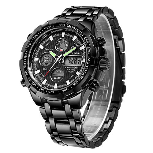 Reloj deportivo de pulsera analógico y digital de cuarzo para hombre, cronógrafo, esfera grande, acero inoxidable, resistente al agua, color negro