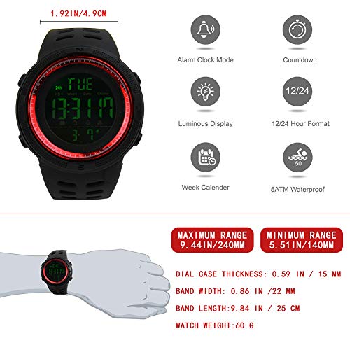 Reloj deportivo digital para hombre, resistente al agua, cronómetro militar, cuenta regresiva, fácil de leer, 1 unidad, color rojo