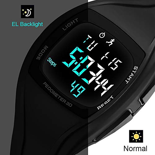 Reloj Digital Hombre Deportivos Numeros Grandes Negro con Podómetro, calendario, Alarma y luz LED para edad 12- edad 45