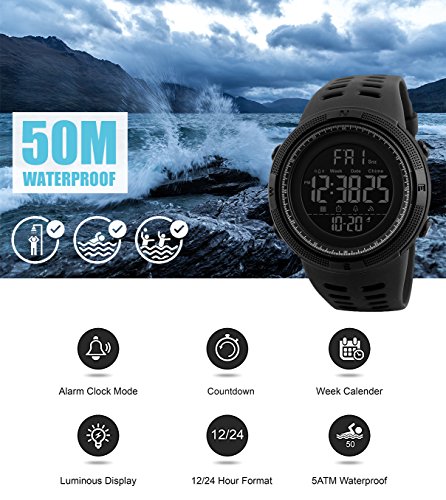 Reloj digital, para hombre, para actividades al aire libre, deportivo, militar, sumergible, cronógrafo, cuenta atrás, luces LED, con alarma, de goma negra