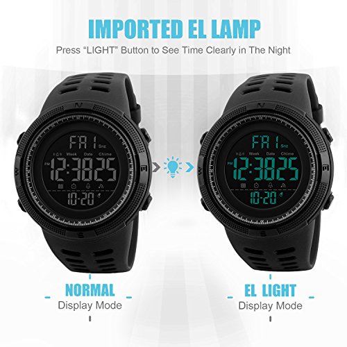 Reloj digital, para hombre, para actividades al aire libre, deportivo, militar, sumergible, cronógrafo, cuenta atrás, luces LED, con alarma, de goma negra