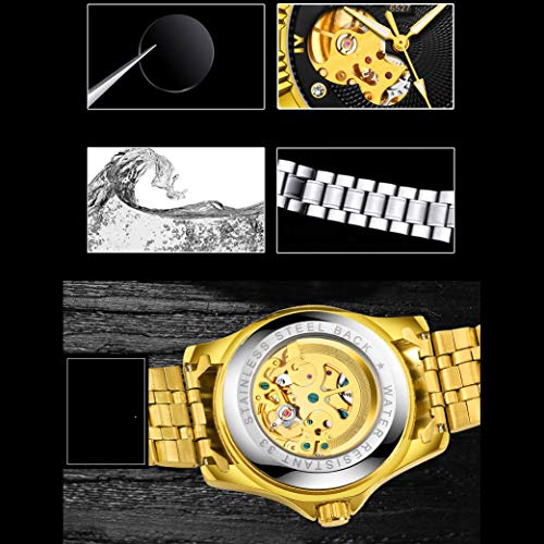 Reloj mecánico automático Hombres, Resistente al Agua, Reloj de Pulsera de Moda con Cuerda, 199. Carátula de la Parrilla de Calavera para Exteriores, Estilo de Negocios, Regalos (Oro)