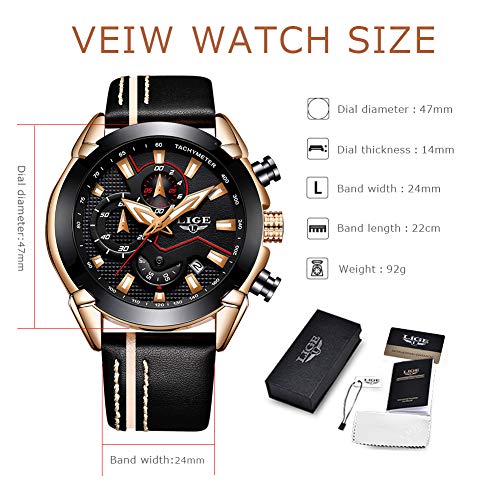 Reloj para Hombres, Relojes Deportivo de Cuarzo analógico Impermeable para Hombre Relojes LIGE Lujoso Cronógrafo para Hombre, Moda Casual Reloj Redondo Negro Fecha