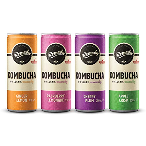 Remedy Raw Kombucha Tea – Bebida brillante cultiva viva, paquete de 4 sabores variados/estuche mixto pack de 24