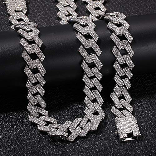 RENQINGLIN Cadenas Hombre Cubanas Cadenas Hip Hop Cubano Collares completos Helados Rhinestones Collar Pulsera Conjunto joyería de Moda al por Mayor 8 Pulgadas y 18 Pulgadas Plata