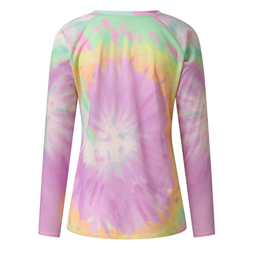 ReooLy Fashion Mujer Casual Suelta Tie-Dye O-Cuello Impreso Color Manga Larga Tops Sueltos(Rosado,S)