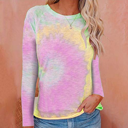 ReooLy Fashion Mujer Casual Suelta Tie-Dye O-Cuello Impreso Color Manga Larga Tops Sueltos(Rosado,S)